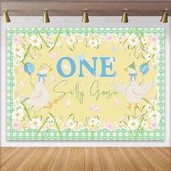 Lofaris Silly Goose First Birthday Backdrop with Cartoon Geese and Daisies Cute Animal Party Background for Baby Photography