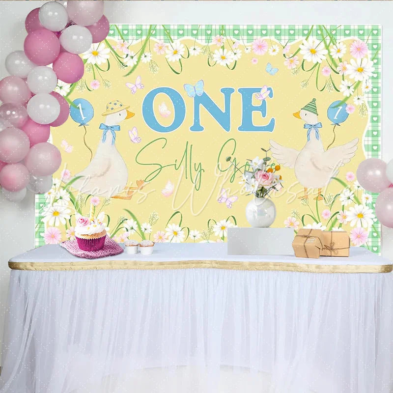 Lofaris Silly Goose First Birthday Backdrop with Cartoon Geese and Daisies Cute Animal Party Background for Baby Photography