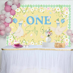 Lofaris Silly Goose First Birthday Backdrop with Cartoon Geese and Daisies Cute Animal Party Background for Baby Photography