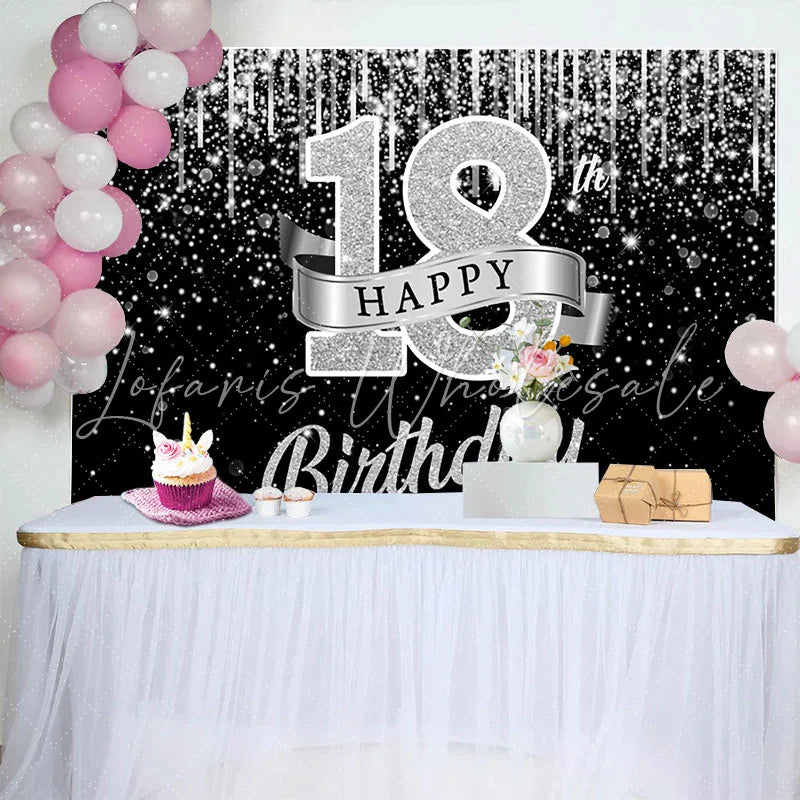 Lofaris Silver Glitter 18th Happy Birthday Backdrop Shimmering Ribbon and Sparkle Background Anniversary Decor