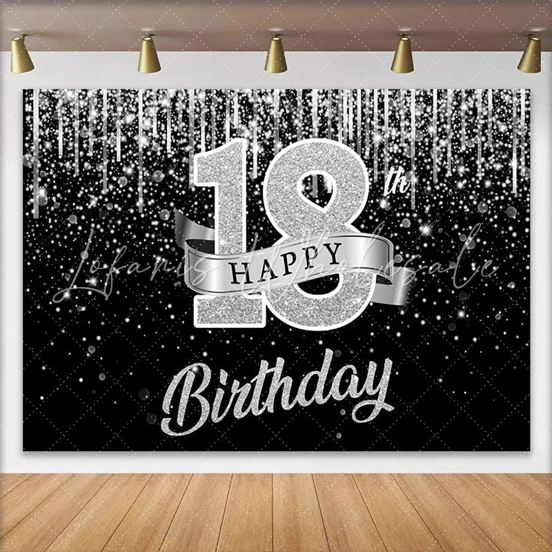 Lofaris Silver Glitter 18th Happy Birthday Backdrop Shimmering Ribbon and Sparkle Background Anniversary Decor