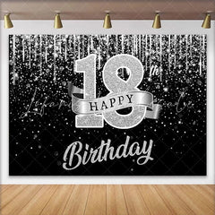 Lofaris Silver Glitter 18th Happy Birthday Backdrop Shimmering Ribbon and Sparkle Background Anniversary Decor
