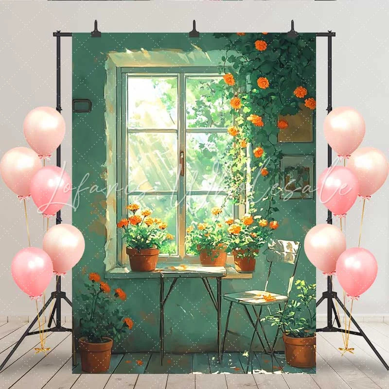 Lofaris Simple Green Window Backdrop Potted Orange Flowers and White Chair for Spring Portrait