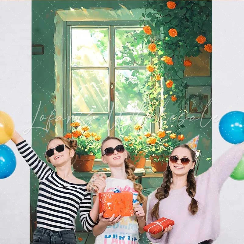 Lofaris Simple Green Window Backdrop Potted Orange Flowers and White Chair for Spring Portrait