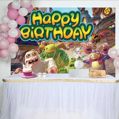 Lofaris Singing Monsters Birthday Backdrop Cartoon Musical Creature Party Decoration Green Kids Happy Birthday Banner Photography Prop