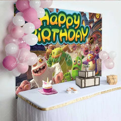 Lofaris Singing Monsters Birthday Backdrop Cartoon Musical Creature Party Decoration Green Kids Happy Birthday Banner Photography Prop