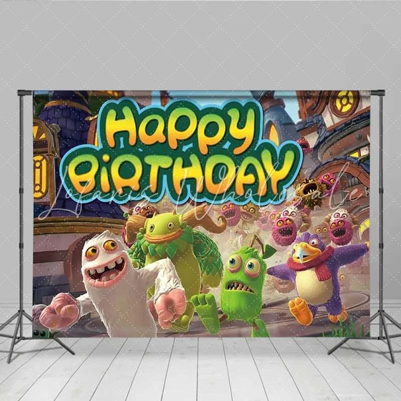 Lofaris Singing Monsters Birthday Backdrop Cartoon Musical Creature Party Decoration Green Kids Happy Birthday Banner Photography Prop