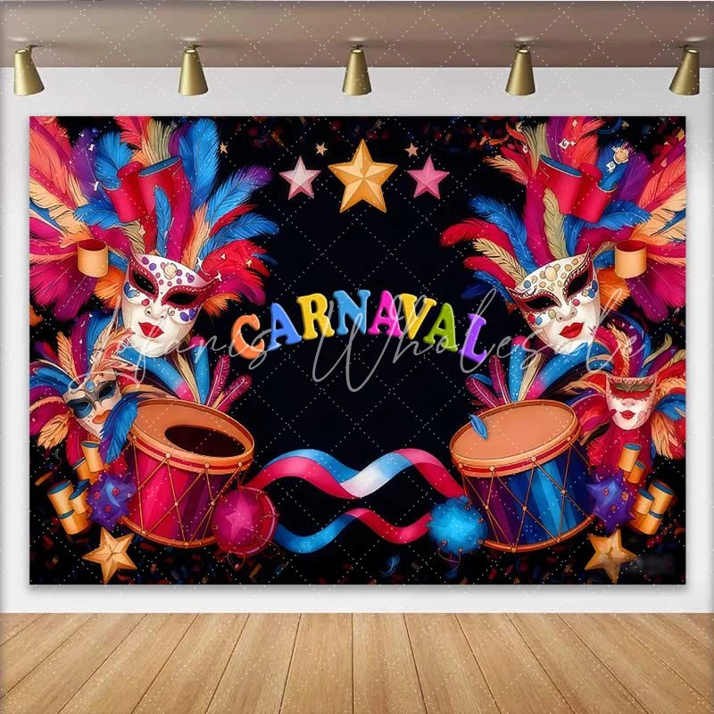 Lofaris Sleek Black Carnaval Backdrop Modern Mask and Drum Celebration Party Banner