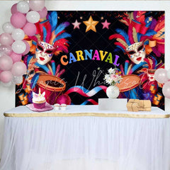 Lofaris Sleek Black Carnaval Backdrop Modern Mask and Drum Celebration Party Banner