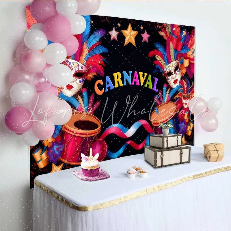 Lofaris Sleek Black Carnaval Backdrop Modern Mask and Drum Celebration Party Banner