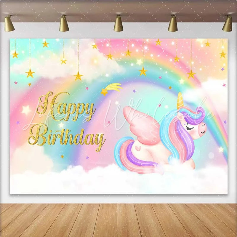 Lofaris Sleeping Winged Unicorn Backdrop Dreamy Rainbow and Hanging Gold Stars Banner