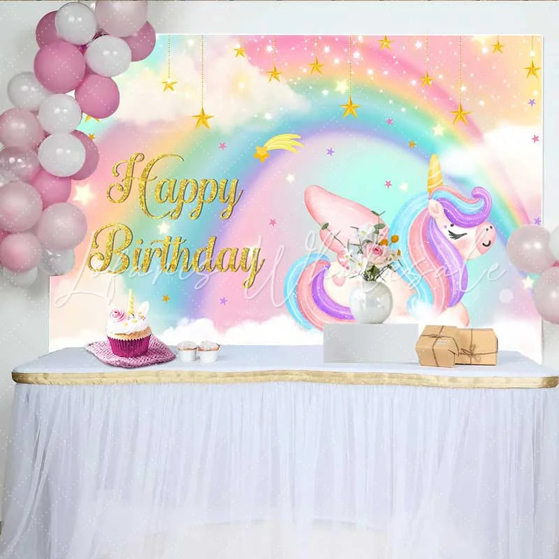 Lofaris Sleeping Winged Unicorn Backdrop Dreamy Rainbow and Hanging Gold Stars Banner