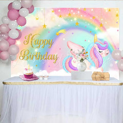 Lofaris Sleeping Winged Unicorn Backdrop Dreamy Rainbow and Hanging Gold Stars Banner