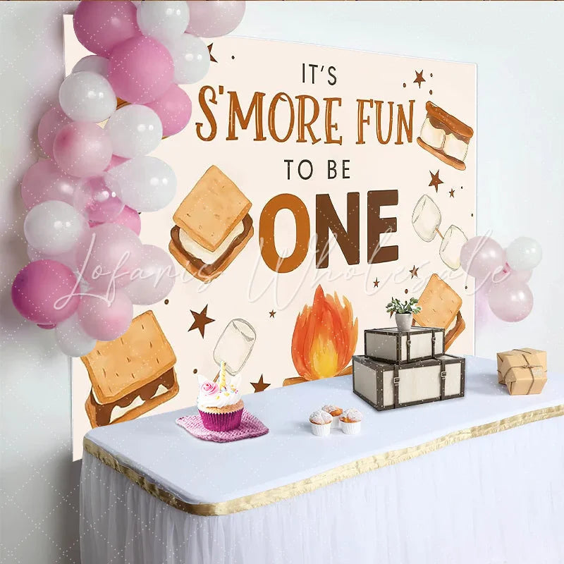 Lofaris Smores Birthday Backdrop for Campfire First Birthday Party Cute Marshmallow and Star Banner for Cake Smash