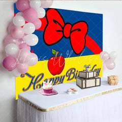 Lofaris Snow White Theme Happy Birthday Backdrop Red Bow and Apple Princess Party Decoration