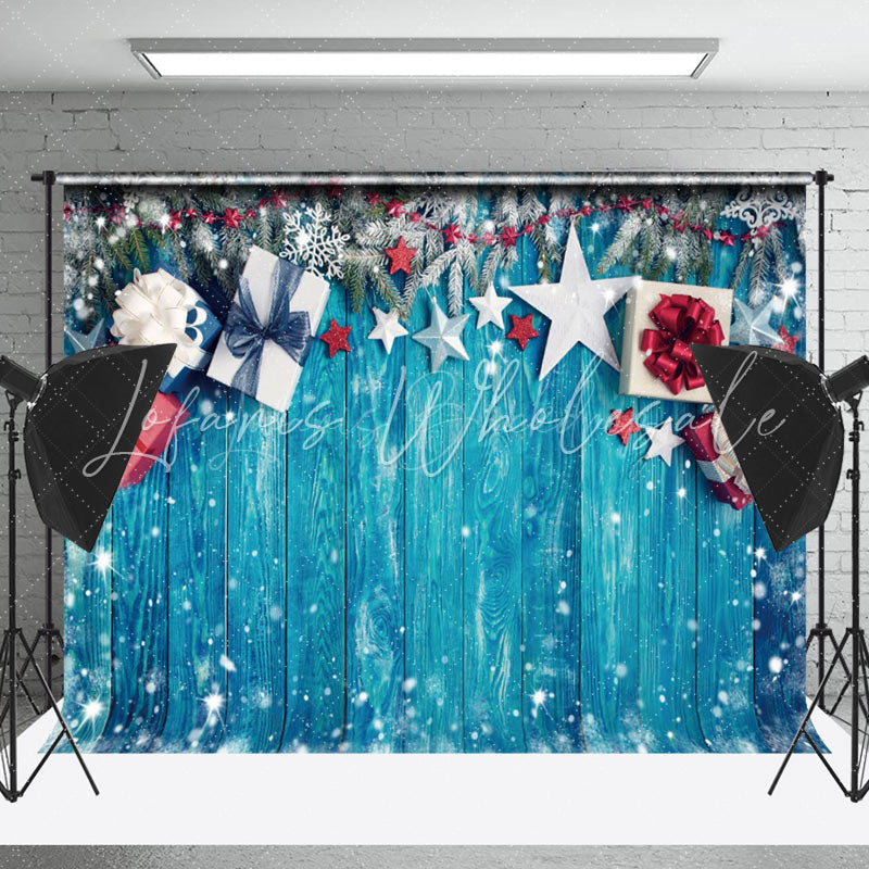 Lofaris Snowflakes Gift Boxes Blue Wood Christmas Backdrop