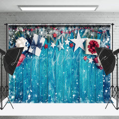 Lofaris Snowflakes Gift Boxes Blue Wood Christmas Backdrop