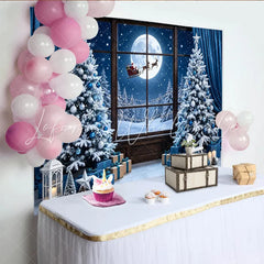 Lofaris Snowy Blue Christmas Photography Backdrop with Santa and Moon Festive Winter Scene Background for Holiday Party Decor