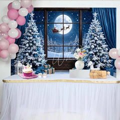 Lofaris Snowy Blue Christmas Photography Backdrop with Santa and Moon Festive Winter Scene Background for Holiday Party Decor