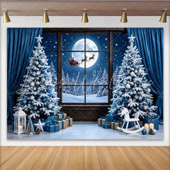 Lofaris Snowy Blue Christmas Photography Backdrop with Santa and Moon Festive Winter Scene Background for Holiday Party Decor