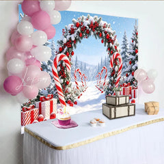 Lofaris Snowy Christmas Arch Backdrop with Candy Canes and Red Berries Winter Wonderland Background for Holiday Photoshoot