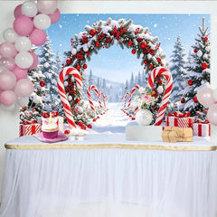 Lofaris Snowy Christmas Arch Backdrop with Candy Canes and Red Berries Winter Wonderland Background for Holiday Photoshoot