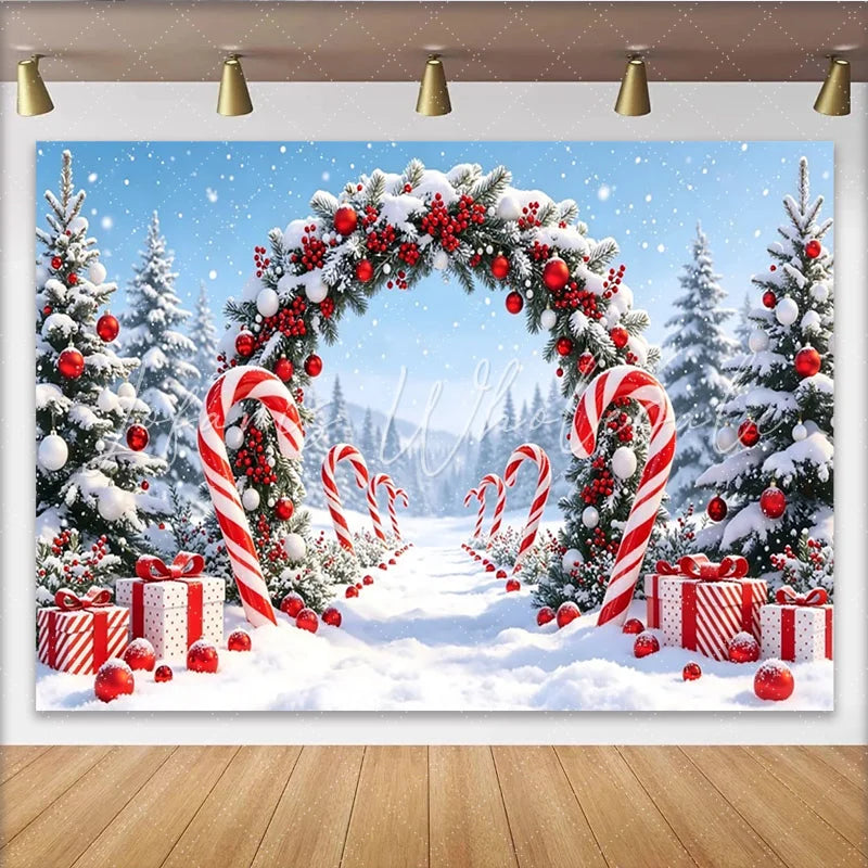 Lofaris Snowy Christmas Arch Backdrop with Candy Canes and Red Berries Winter Wonderland Background for Holiday Photoshoot