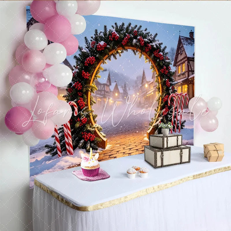 Lofaris Snowy Christmas Arch Backdrop with Candy Canes and Winter Village Festive Holiday Decor for Photo Booth and Winter Party