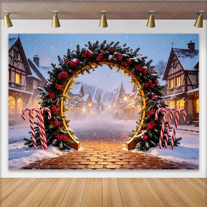 Lofaris Snowy Christmas Arch Backdrop with Candy Canes and Winter Village Festive Holiday Decor for Photo Booth and Winter Party