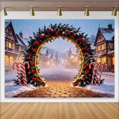 Lofaris Snowy Christmas Arch Backdrop with Candy Canes and Winter Village Festive Holiday Decor for Photo Booth and Winter Party