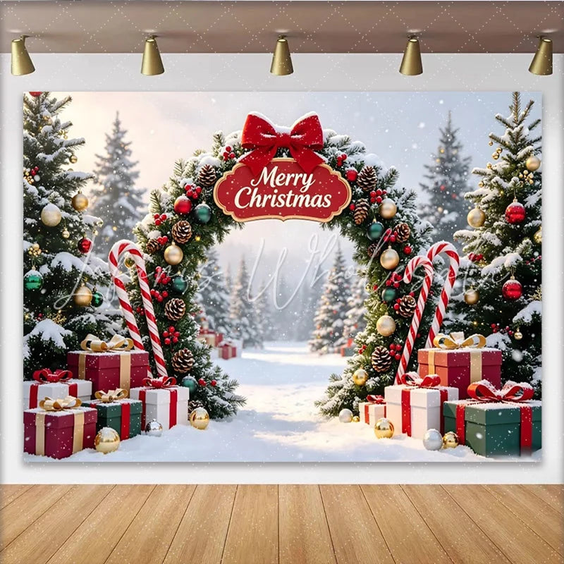Lofaris Snowy Christmas Arch Backdrop with Pine Trees Gifts and Candy Canes Festive Holiday Background for Winter Party Decor