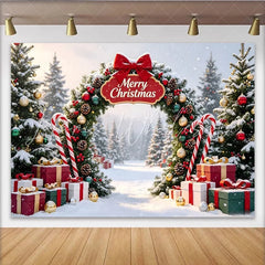 Lofaris Snowy Christmas Arch Backdrop with Pine Trees Gifts and Candy Canes Festive Holiday Background for Winter Party Decor