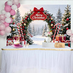 Lofaris Snowy Christmas Arch Backdrop with Pine Trees Gifts and Candy Canes Festive Holiday Background for Winter Party Decor