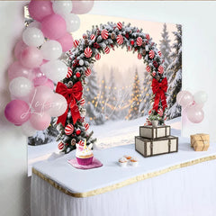 Lofaris Snowy Christmas Arch Backdrop with Red Bows and Candy Cane Ornaments Winter Wonderland Photography Background for Festive Decor