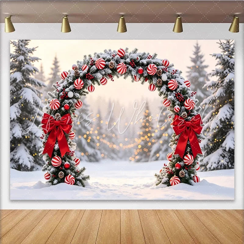 Lofaris Snowy Christmas Arch Backdrop with Red Bows and Candy Cane Ornaments Winter Wonderland Photography Background for Festive Decor