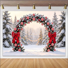 Lofaris Snowy Christmas Arch Backdrop with Red Bows and Candy Cane Ornaments Winter Wonderland Photography Background for Festive Decor
