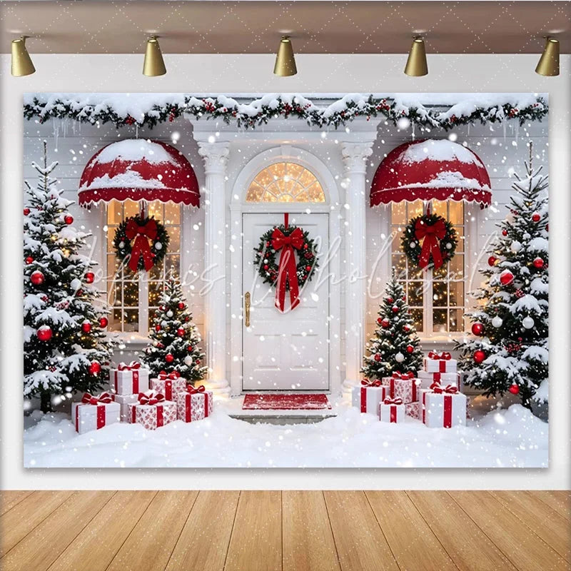 Lofaris Snowy Christmas Backdrop with Decorated House and Gift Boxes Festive Winter Holiday Background for Party Decor and Photoshoot.