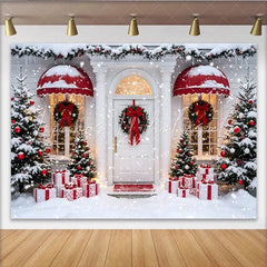 Lofaris Snowy Christmas Backdrop with Decorated House and Gift Boxes Festive Winter Holiday Background for Party Decor and Photoshoot.