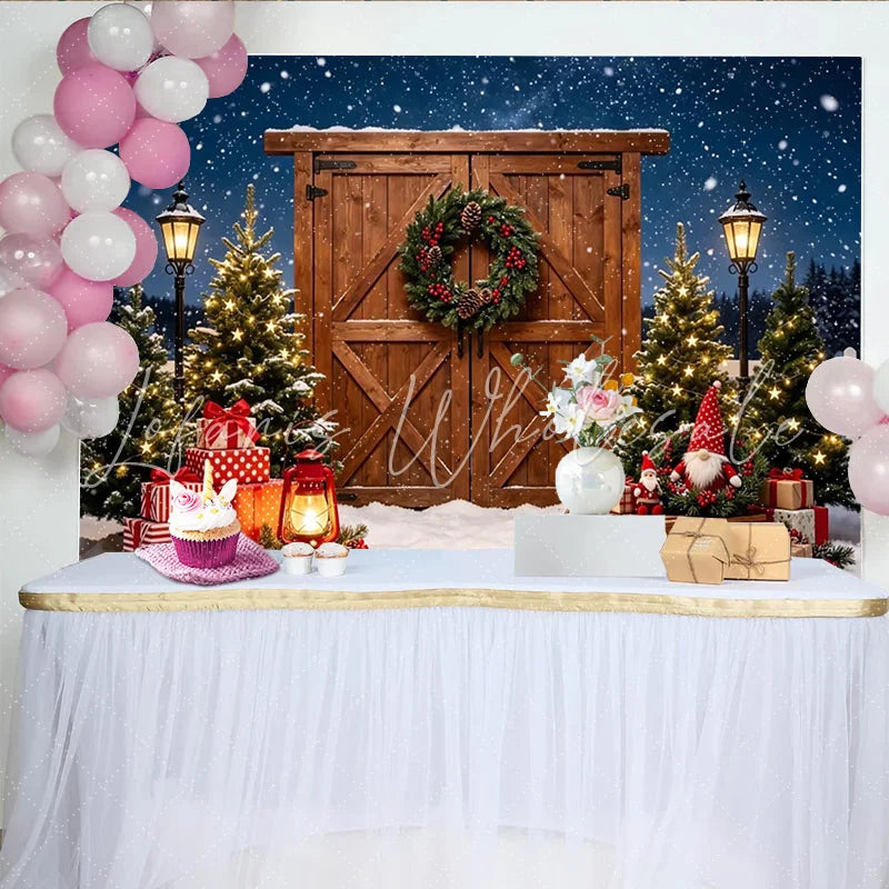 Lofaris Snowy Christmas Barn Door Backdrop with Illuminated Trees and Gifts Festive Winter Holiday Background for Photography and Party