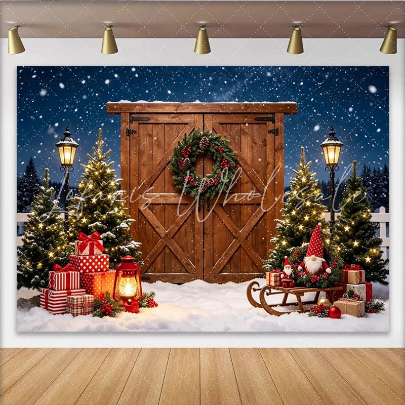 Lofaris Snowy Christmas Barn Door Backdrop with Illuminated Trees and Gifts Festive Winter Holiday Background for Photography and Party