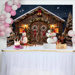 Lofaris Snowy Christmas Barn Photography Backdrop with Festive Garlands and Snowmen Winter Wonderland Studio Background for Holiday