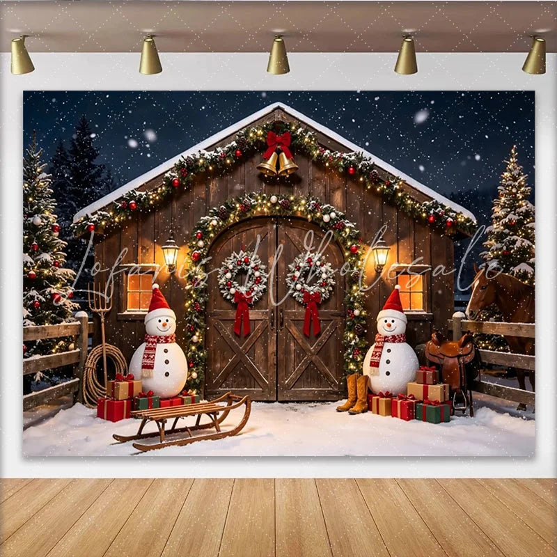 Lofaris Snowy Christmas Barn Photography Backdrop with Festive Garlands and Snowmen Winter Wonderland Studio Background for Holiday