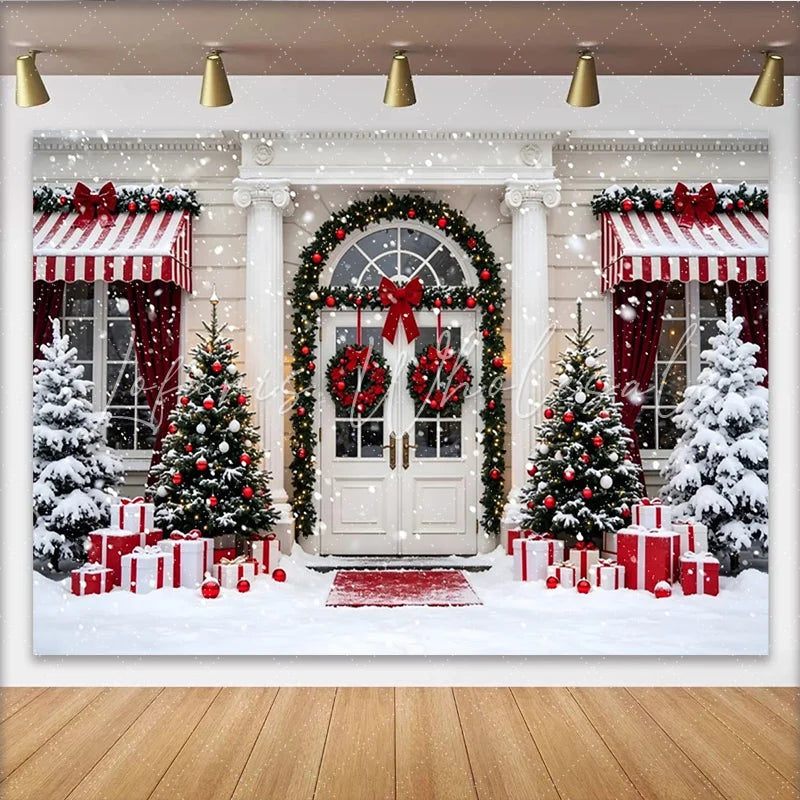 Lofaris Snowy Christmas House Entrance Backdrop with Gifts and Red Decorations Elegant Winter Holiday Background for Family Photoshoot