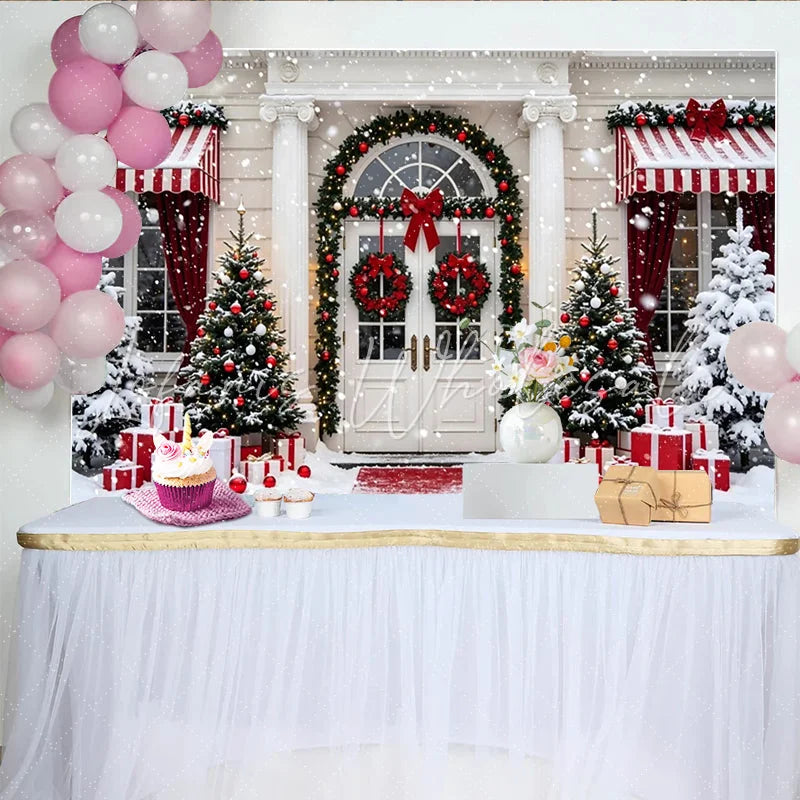 Lofaris Snowy Christmas House Entrance Backdrop with Gifts and Red Decorations Elegant Winter Holiday Background for Family Photoshoot
