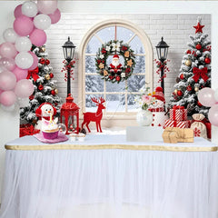 Lofaris Snowy Christmas Tree and Window Backdrop with Santa Wreath Festive Snowman and Gift Background for Winter Holiday Decor