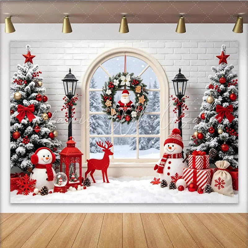 Lofaris Snowy Christmas Tree and Window Backdrop with Santa Wreath Festive Snowman and Gift Background for Winter Holiday Decor