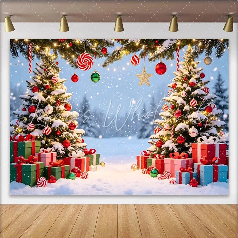 Lofaris Snowy Christmas Tree Backdrop with Gifts and Ornaments Sparkling Winter Holiday Background for Studio Photography