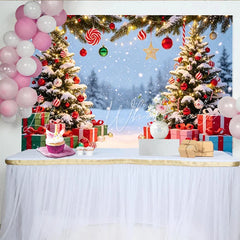 Lofaris Snowy Christmas Tree Backdrop with Gifts and Ornaments Sparkling Winter Holiday Background for Studio Photography