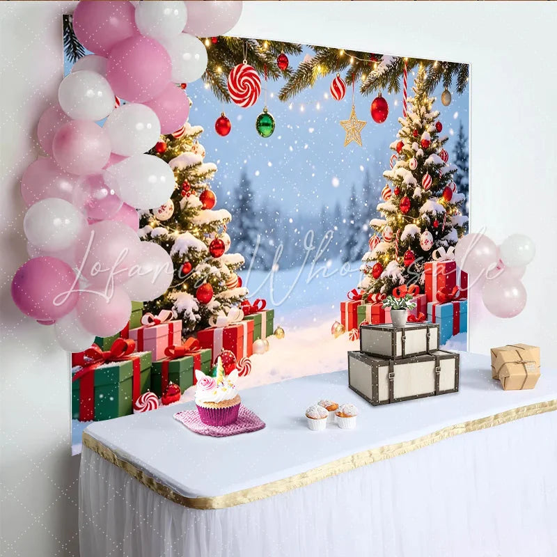 Lofaris Snowy Christmas Tree Backdrop with Gifts and Ornaments Sparkling Winter Holiday Background for Studio Photography