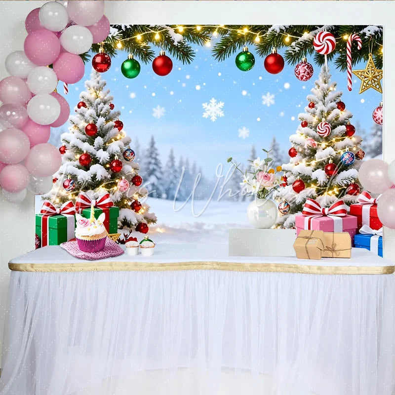 Lofaris Snowy Christmas Tree Backdrop with Red and Green Ornaments Festive Winter Holiday Background for Photography and Party Decor